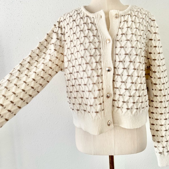 New ELLEN TRACY Ivory Brown Chunky Crop Knit Cardigan Sweater Women's Size Large - Picture 2 of 6